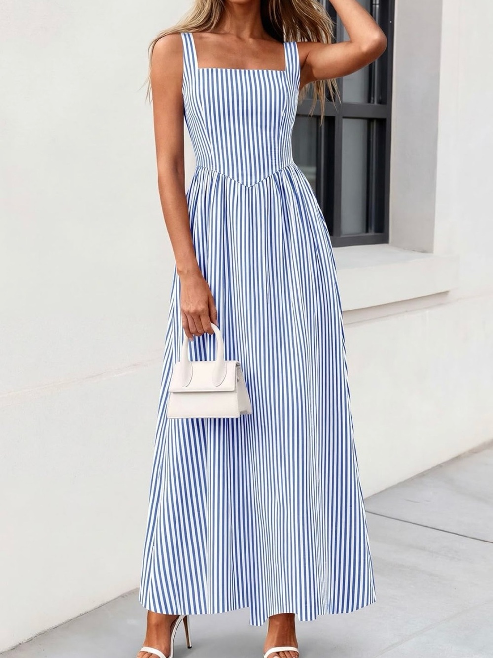 #54 Pretty Garden Dark Blue and White Striped Square Neck Maxi Dress - Picture 3 of 10